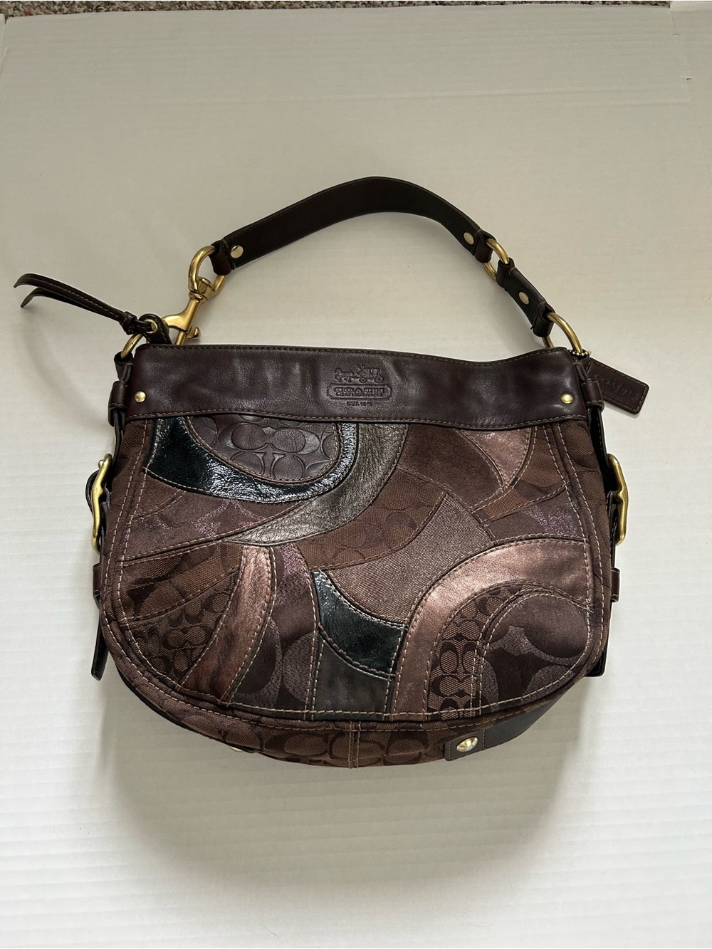 Coach Zoe Brown Patchwork Leather Hobo Shoulder Bag 13515